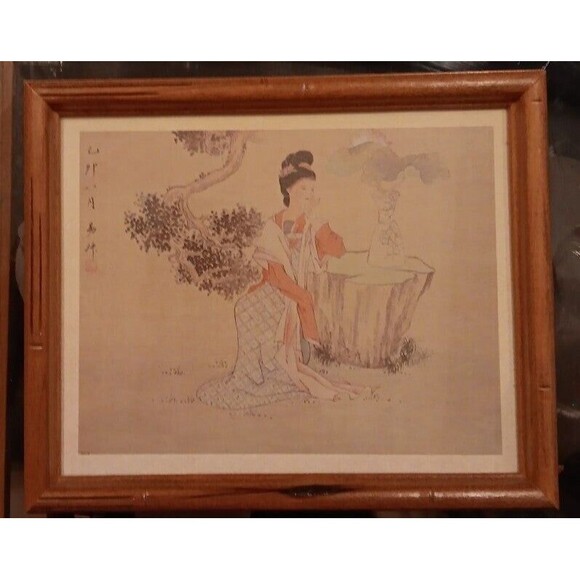 Vintage Framed Chinese Wall Art Of A Pensive Woman
